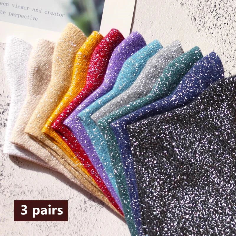 3 pairs high quality women fashion filigree socks Sexy women spring autumn glitter socks Candy-colored Korean style women socks 250409