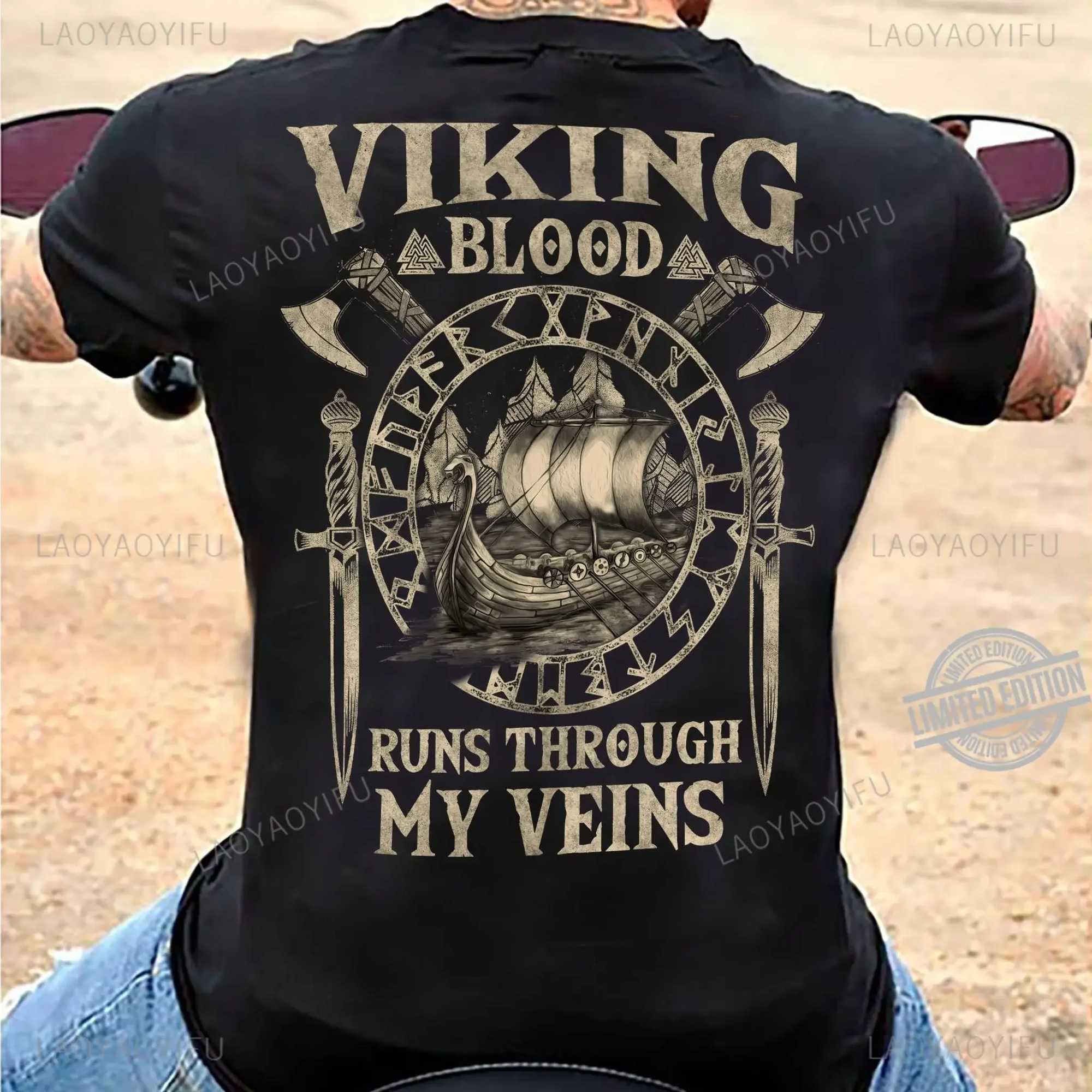 Viking Blood High Quality 100% Cotton Mens Short Sleeve Viking Legend T-shirt Retro Classic T-shirt Valhalla Odin TopXJ250409