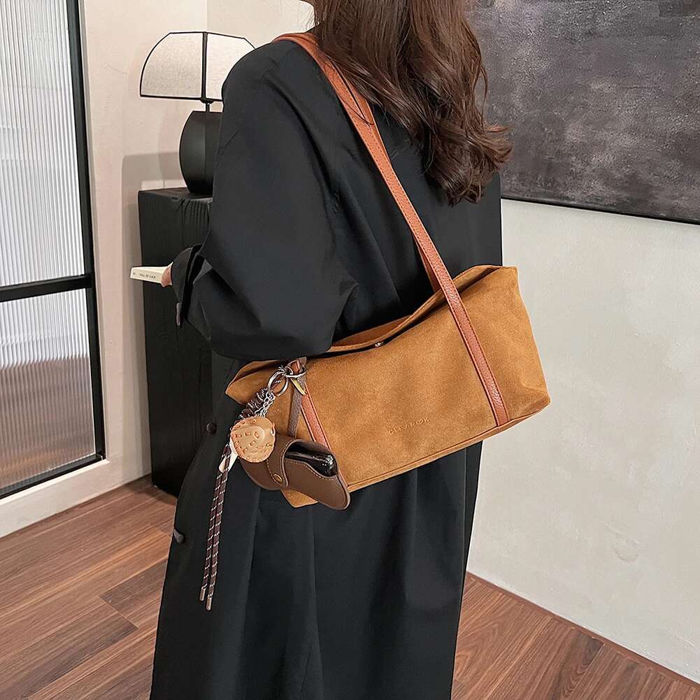 Women Suede Shoulder With Inner Pocket Flap Underarm Bag Large Capacity Retro Handbag Solid Clutch Purse For Work Travel