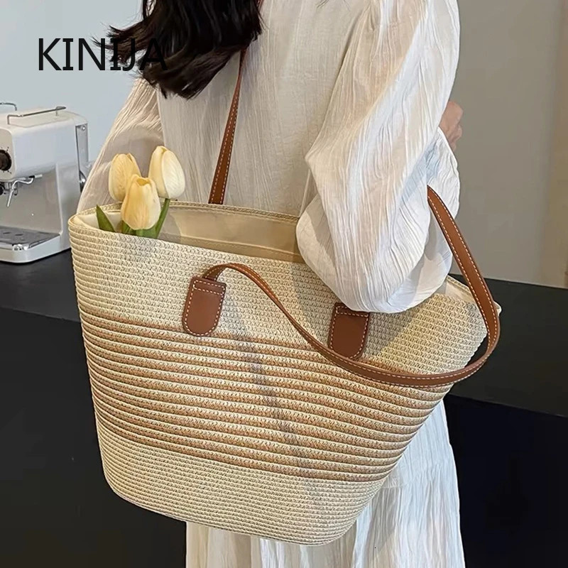 Summer striped handbag straw bag womens beach outdoor travel vacation large capacity shoulder 250408