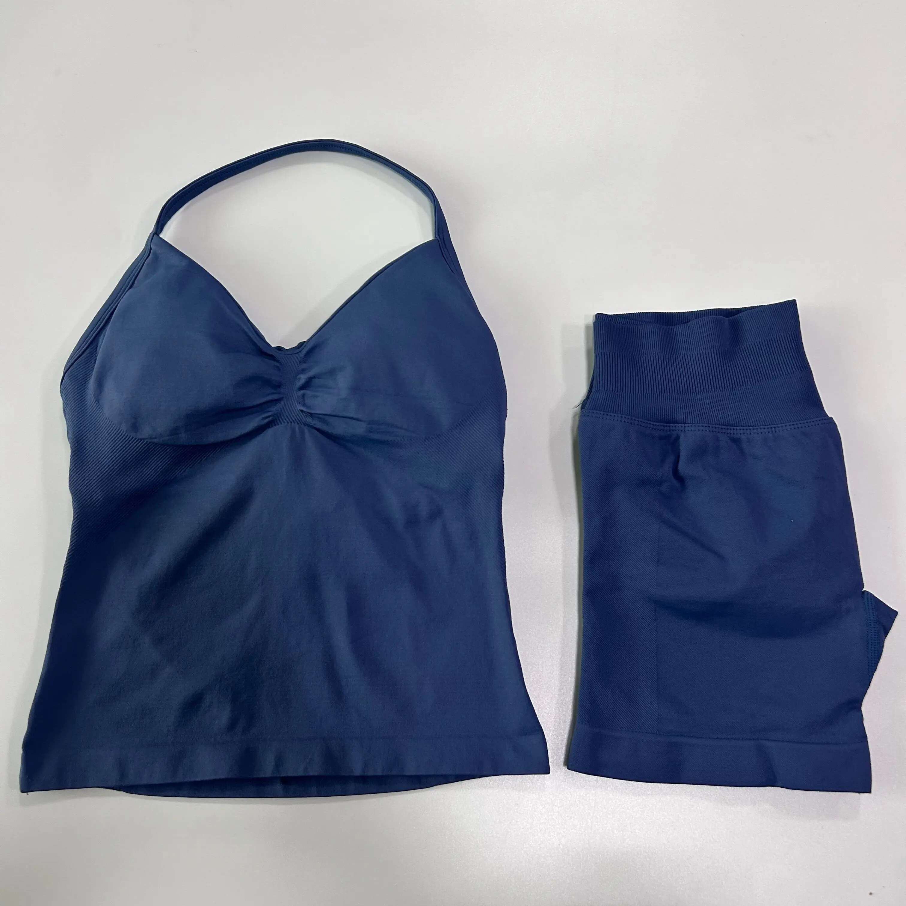 Impact Solid Color Yoga Set 2 with Cami Top and Ribbed Seamless Shorts 4-Way Stretch for Summer Fiess Pilates Gym