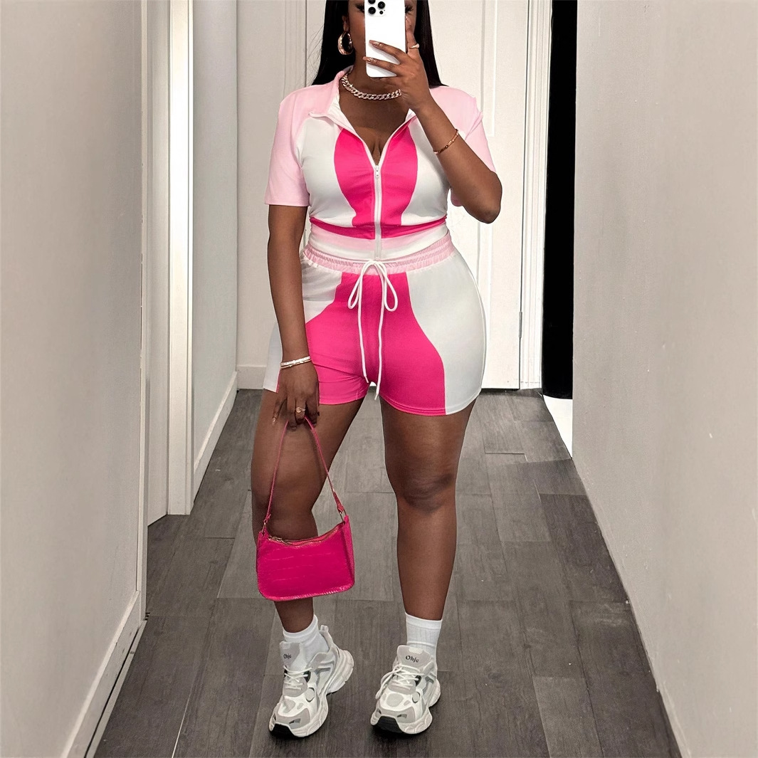 2025S Designer Women S Set Summer Three Color Printed Zipper Top Waist Strap Shorts Women S Set