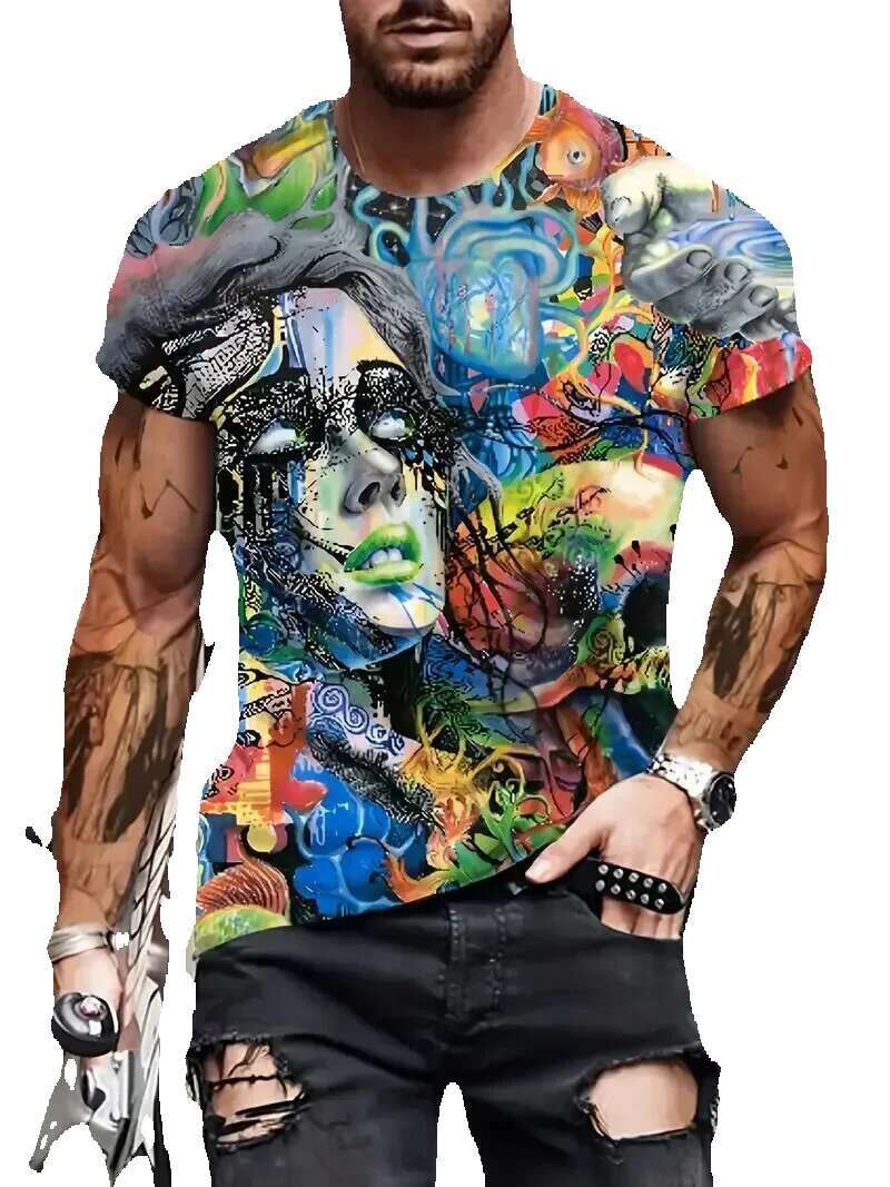 Fashionable and funny 3D facial print summer casual round neck short sleeved sweater outdoor T-shirt men's oversized clothing