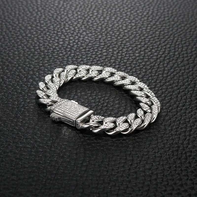 12mm 316L Stainless Steel CZ Stone Paved Bling Iced Out Round Cuban Chain Chokers Necklaces for Men Hip Hop Rapper Jewelry