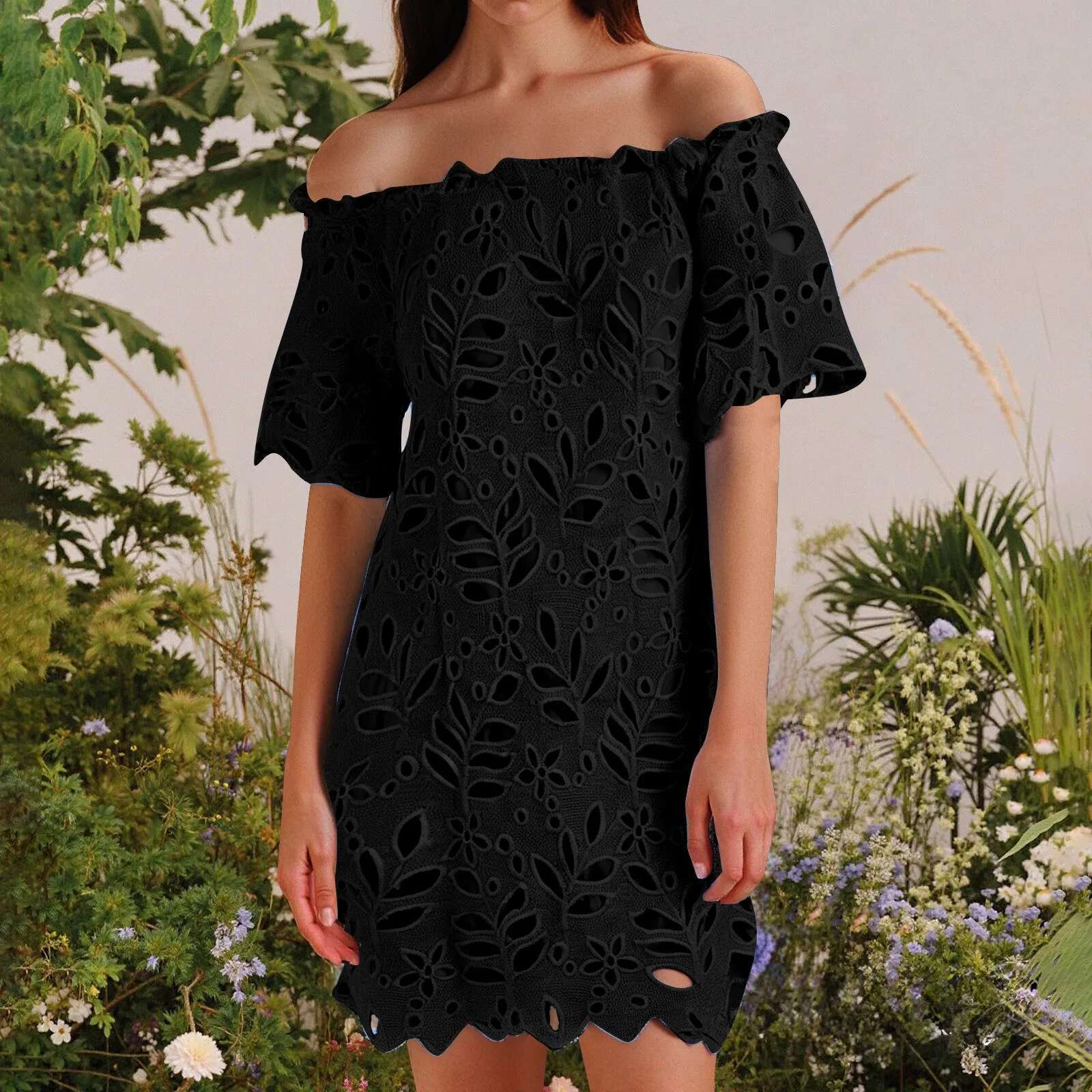 Dongdumaoyi Elegant Women Summer Solid Color Off Shoulder Dress Hollow Out Design Lace Decor See Through Slash Neck Short Sleeve Mini