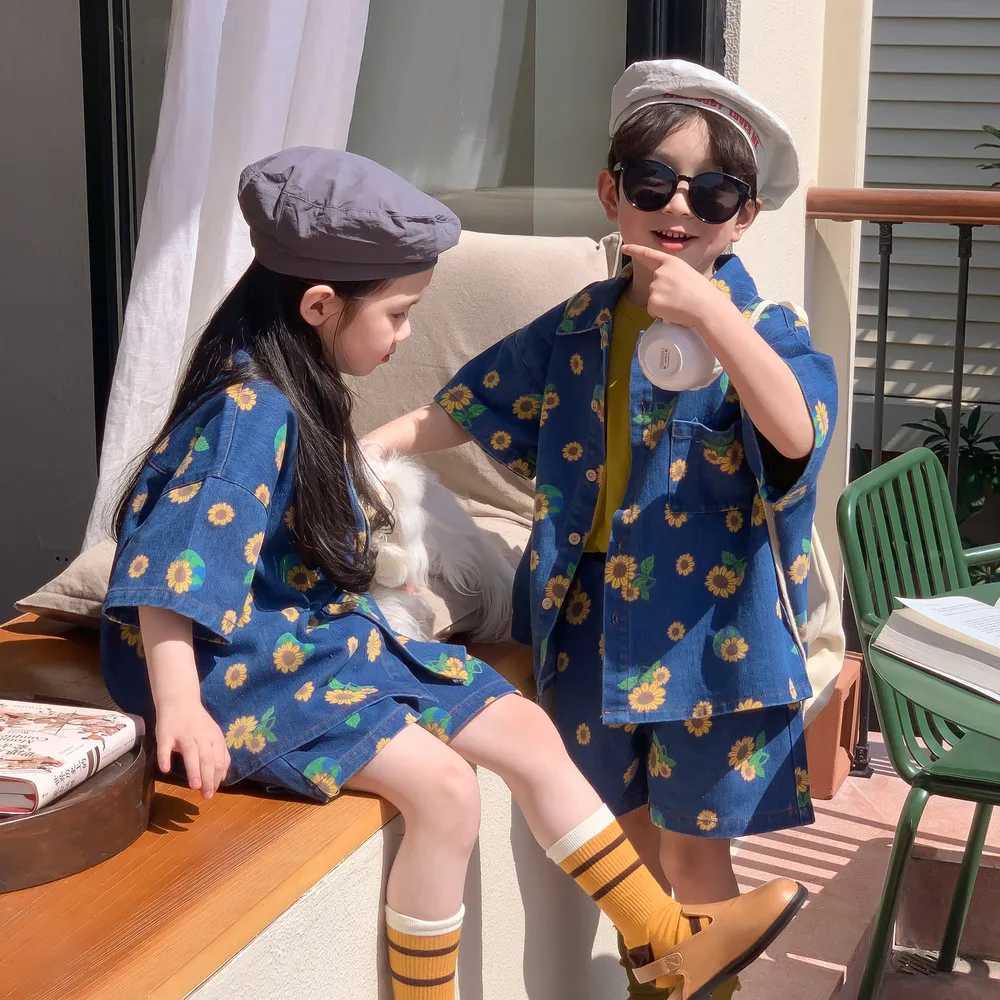 1-7 year girl and boy casual summer printed denim suit baby and children soft denim suit shirt+shorts 2 pieces S2548