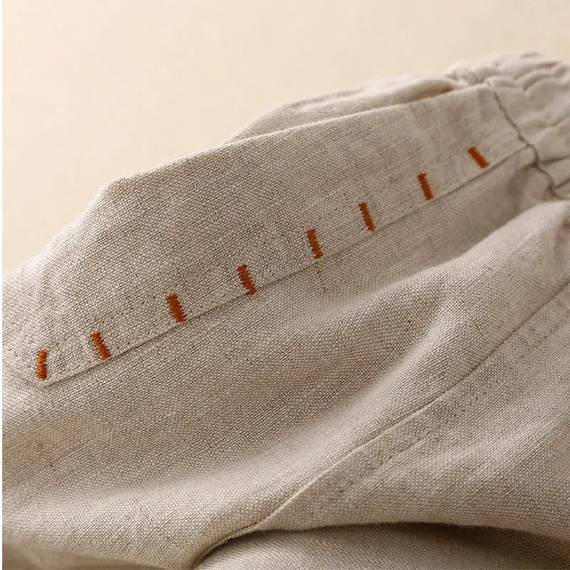 Beige Cotton Linen Casual Elastic High Waist Loose Wide Leg Womens Pants Ankle-Length Pants For Women Clothing Fashion 250408