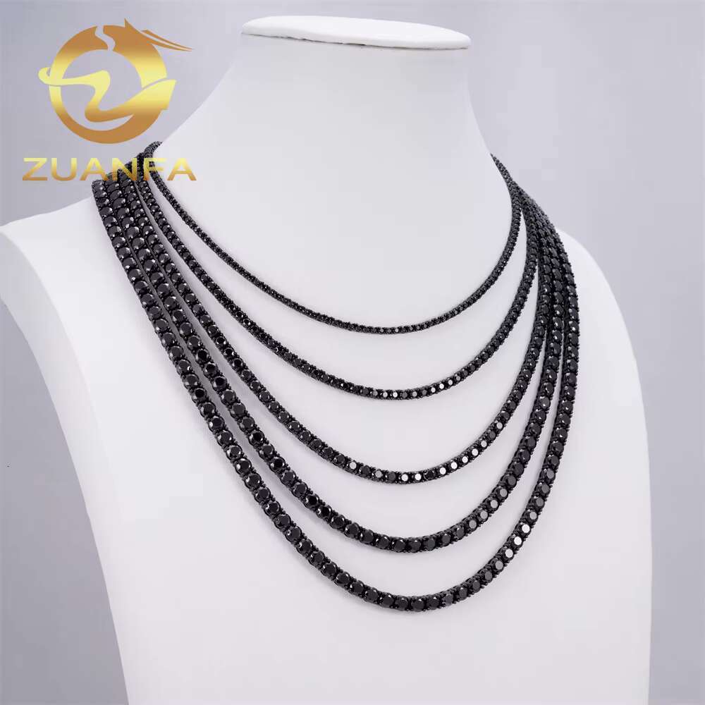 Instock 2mm 3mm 4mm 5mm 6.5mm Black Moissanite Diamond Tennis Necklace VVS 925 Silver Hip Hop Iced Out Tennis Chain