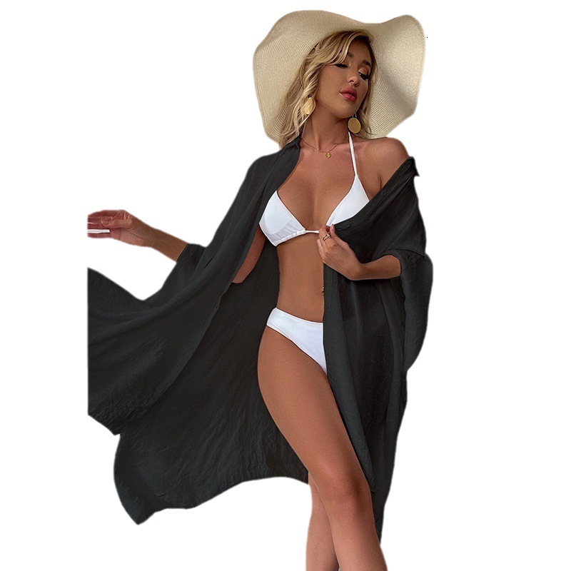 Vacation sun protection jacket solid color loose and breathable casual shirt sun protection cardigan long beach cover