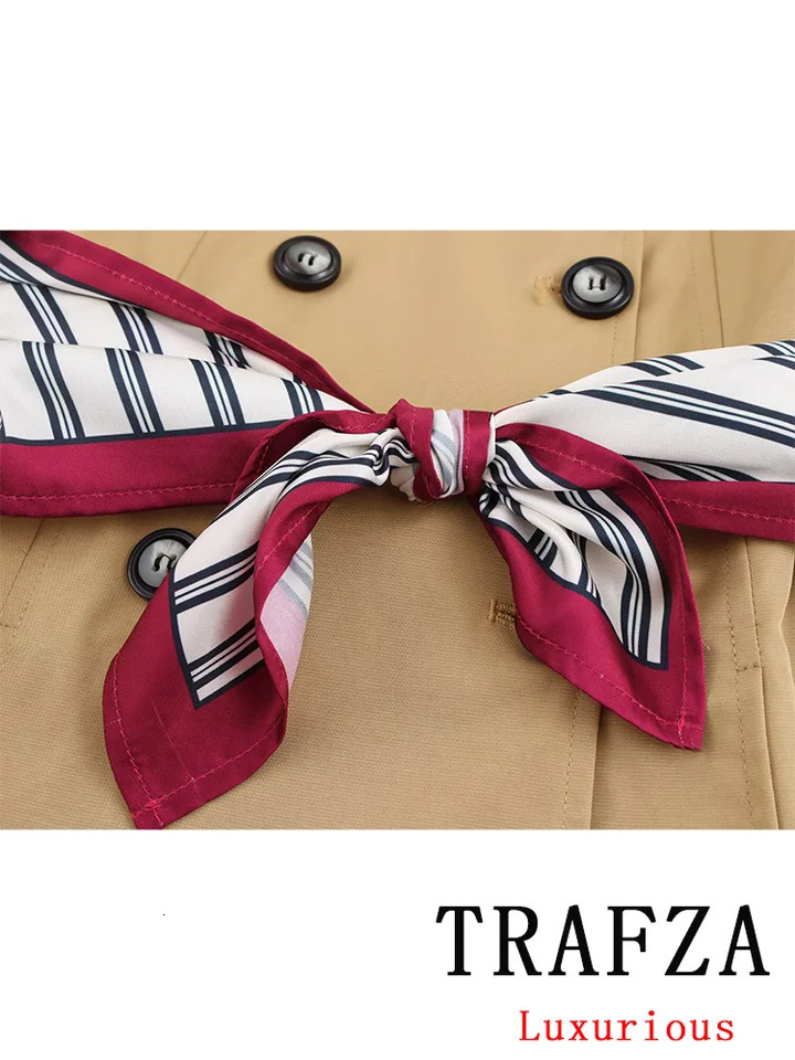 TRAFZA Casual Chic Womens Jacket Solid Stand Collar Printed Scarf Double Chest Coat Fashion Spring Short 250409