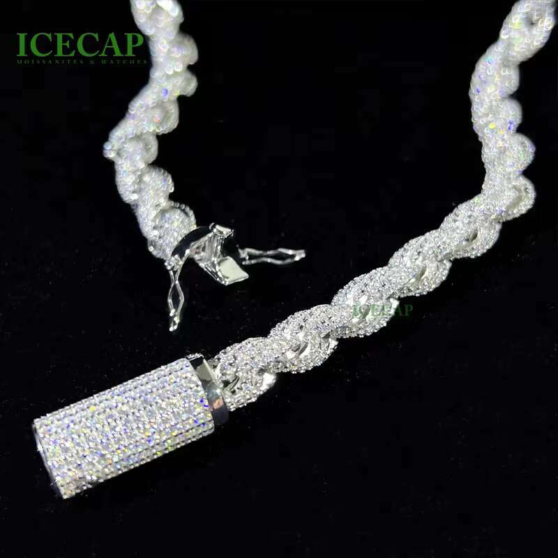 Silver 925 Jewelry 8mm Moissanite Rope Chain Necklace Ice Out Hiphop Men White Gold Color Moissanite Necklace
