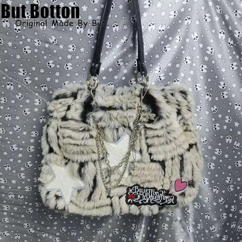 Women Y2k Girl Vintage Large Capacity Gothic Handbag Tote Haruku Bag Stars Furry One Shoulder Underarm Bags Messenger Bags