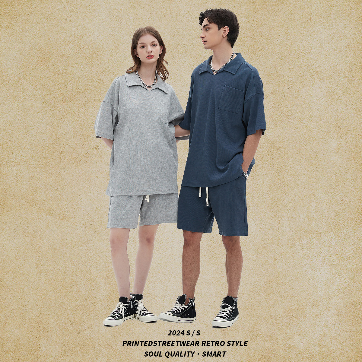 2025 New Breathable Waffle Short sleeved Oversized Street Trendy Men's T-shirt