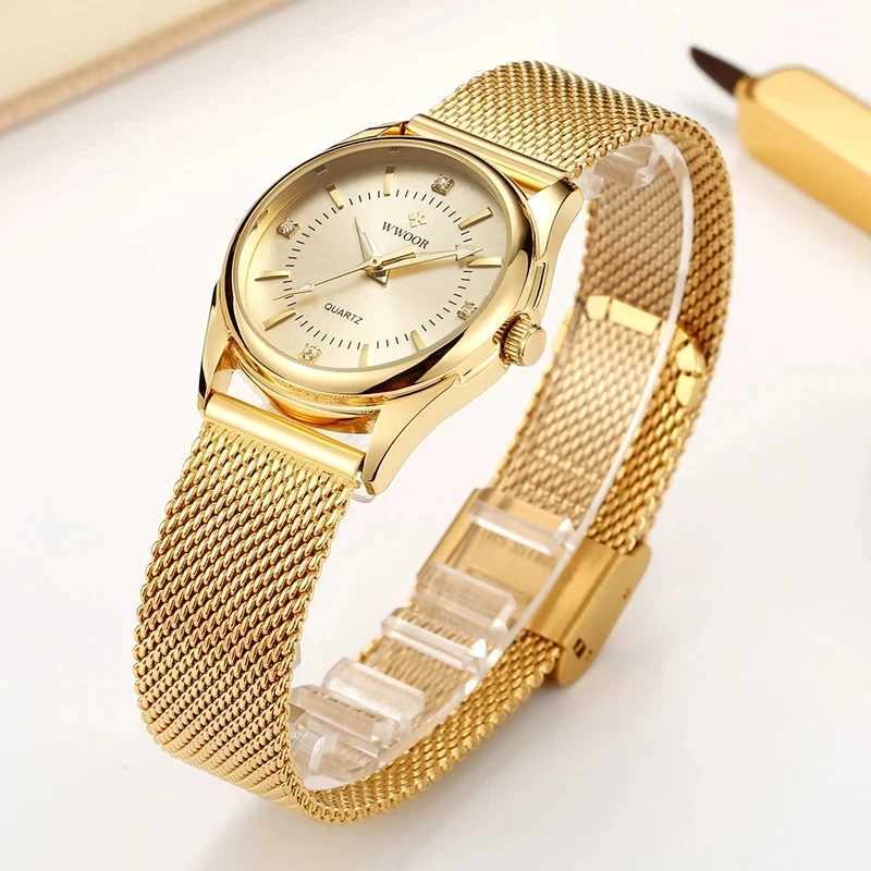 WWOOR Luxury Brand Dress Gold Watch Womens Elegant Diamond Quartz Watch Womens Steel Mesh Watch Zegarek DamskiXJ250408