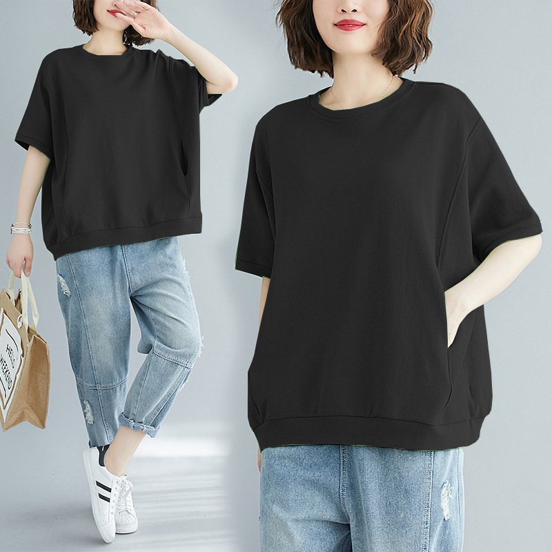 2025S Designer Women s T shirt Plus Plus Fat Clothing For Summer Loose Fit Plus Size Flesh Blocking Slim Fit Top Solid Color Round Neck Short Sleeved 