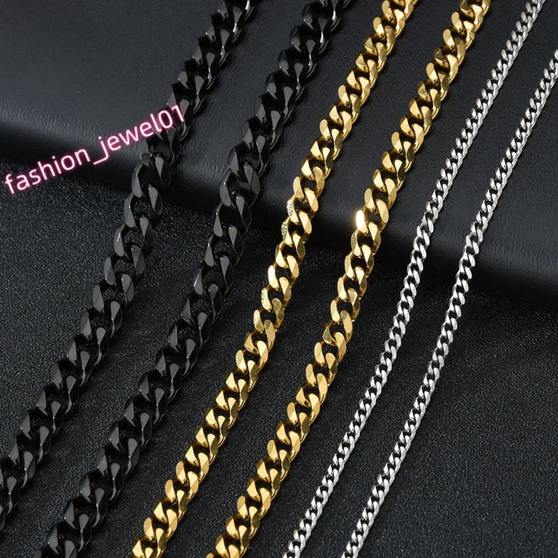 Stainless Steel Cuban Chain Necklaces For Men Women 3.5MM 5MM 7MM Black Gold Color Solid Curb Link Chain Punk Fashion Jewelry