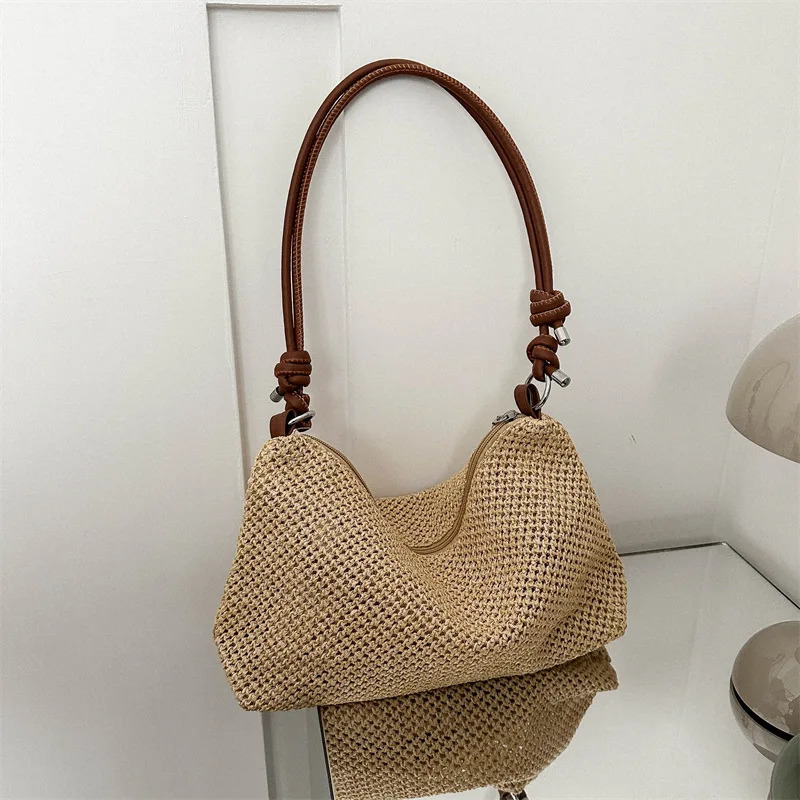 Knitted patchwork bag casual shoulder beach handbag 250408