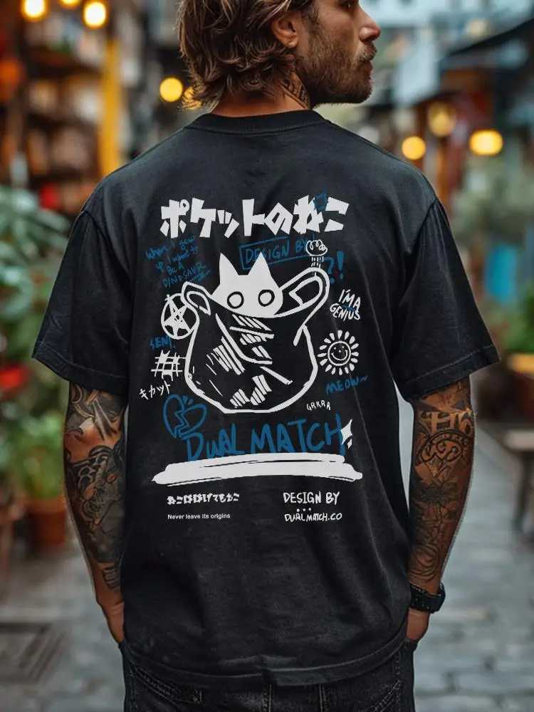 Hip hop T-shirt mens street clothing Japanese Hanzi funny cat print T-shirt 2024 Harajuku casual short sleeved T-shirt topXJ250409
