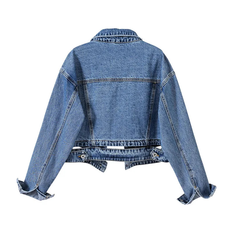 Womens shorts denim jacket fashionable casual coat black lapel single breasted long sleeved womens S M L XL XXL 250409