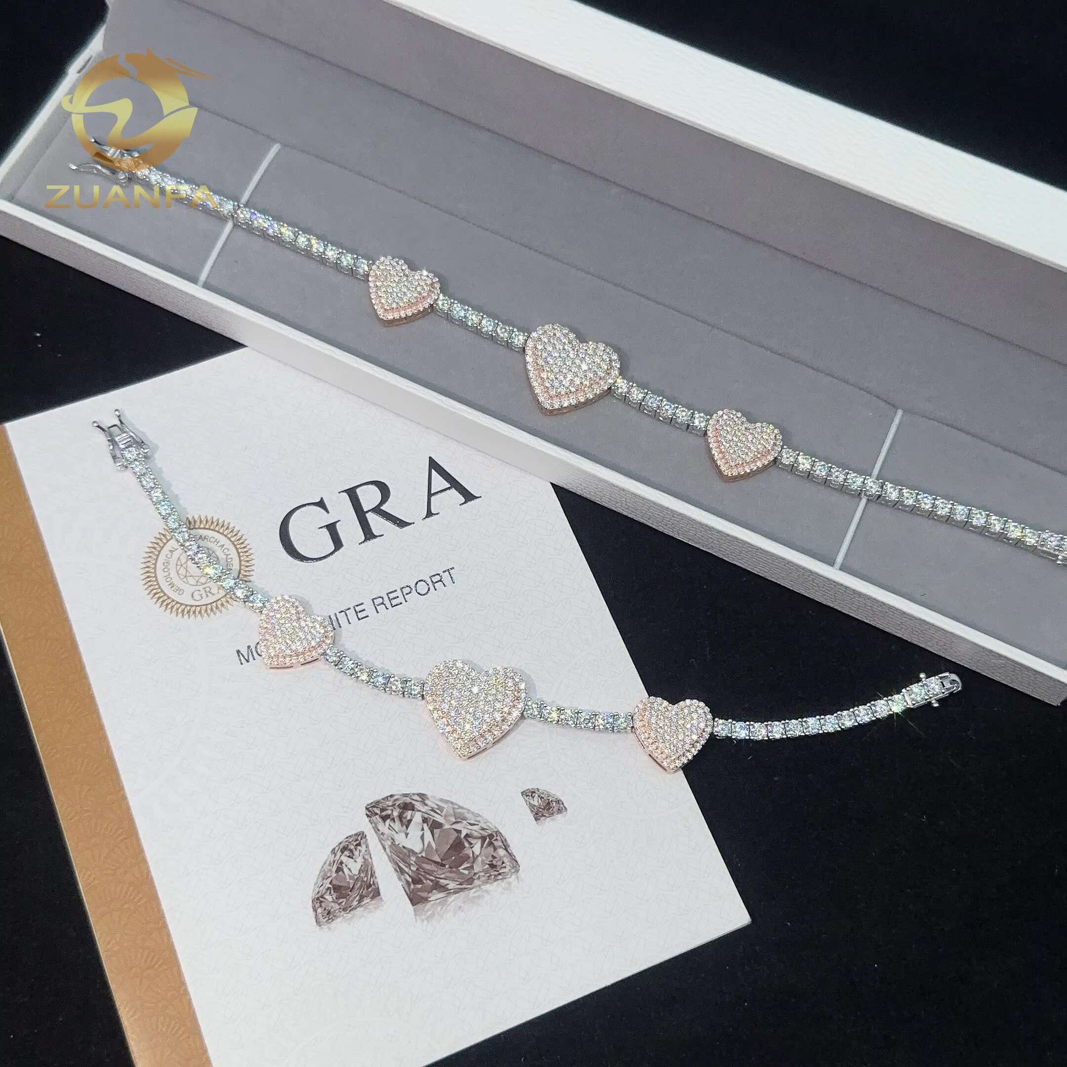 Trendy Rapper Hip Hop Jewelry VVS 3mm Moissanite Tennis Chain Bracelet With 3 Heart Silver 925 Iced Out Bracelet Best Gift
