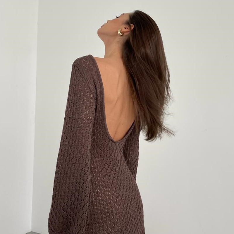 2025 Spring/Summer New Beach Skirt Womens Solid Color Sexy Knitted Hollow Hoodie Dress
