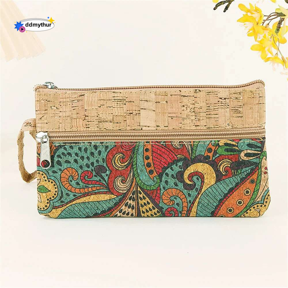 New Retro Cork Print Women Coin Purse Portable Cell Phone Pouch Mini Wallet Double Layer Zipper Key Money Vintage Clutch Bag ddmythur