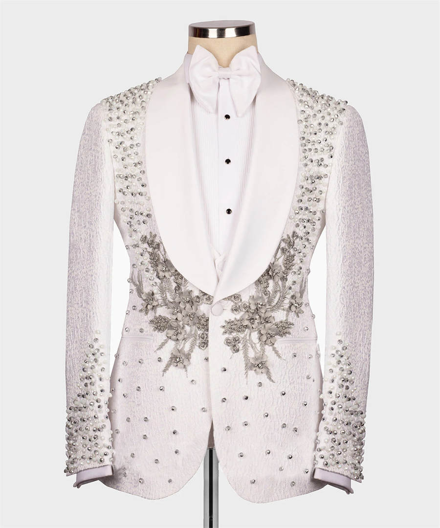 Exquisite Wedding Tuxedos Beaded Jacquard Men Suit Shawl Lapel 1 Piece Set Jacket Formal Appliques Pearls Party Suits Customized