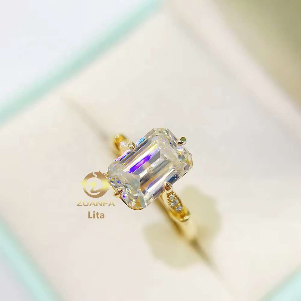 Drop Shipping Pass Diamond Tester 14k Solid Gold Engagement Rings Women Emerald Cut 7*10.5mm Customs Moissanite Ring