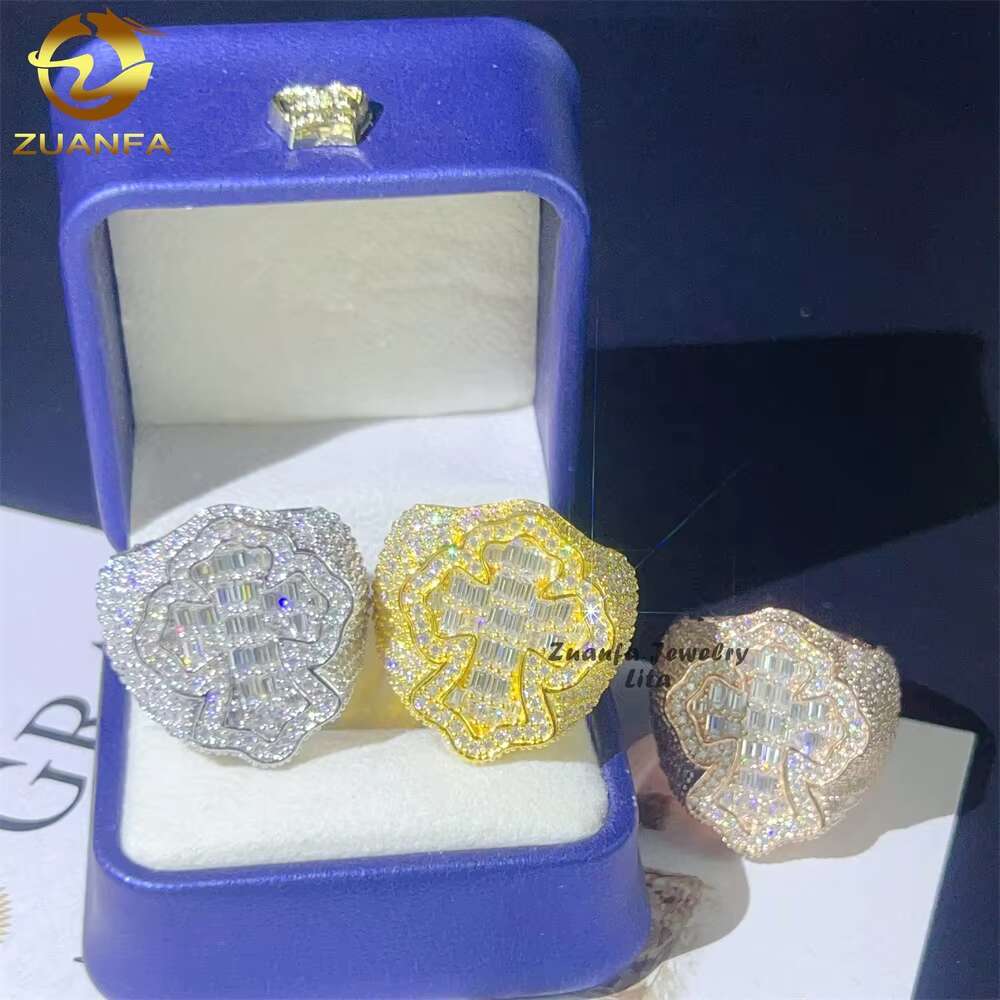 Luxury Fashion Cross Rings 925 Sterling Silver Custom Jewelry Hip Hop Men baguette Diamond Moissanite Ring