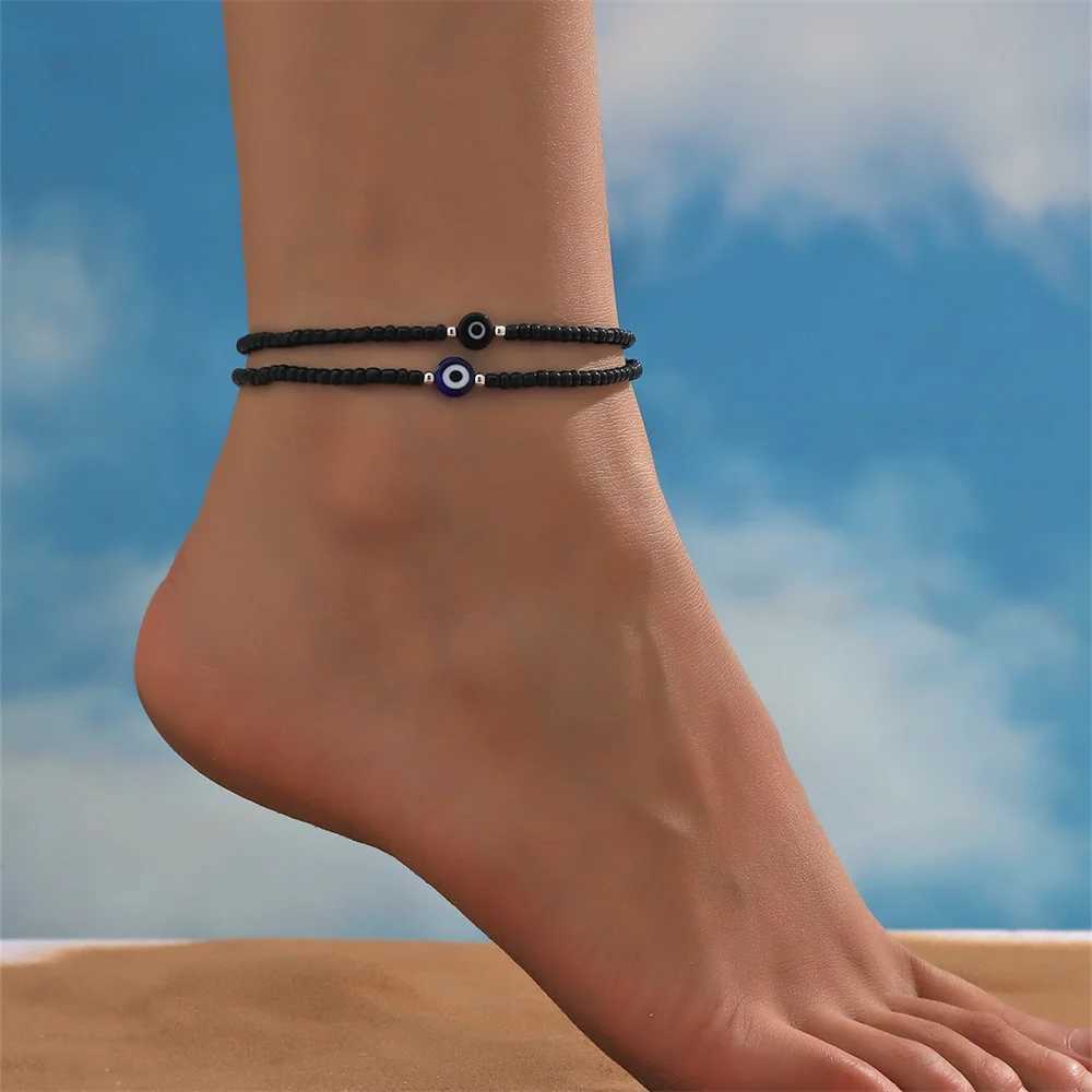1 Piece Bohemian Beach Resort Style Glass Eyes Medium Uniform Black Rice Bead Elastic Thread Women Anklets Z250408