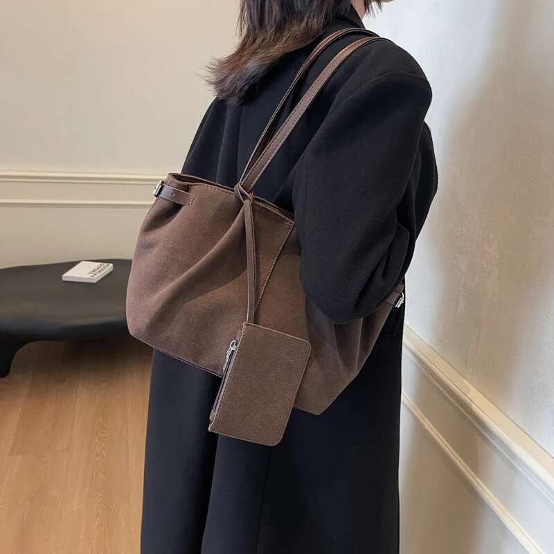 Women Suede Tote Inner Pocket Underarm With Zipper Solid Color Satchel Bag For Work Travel