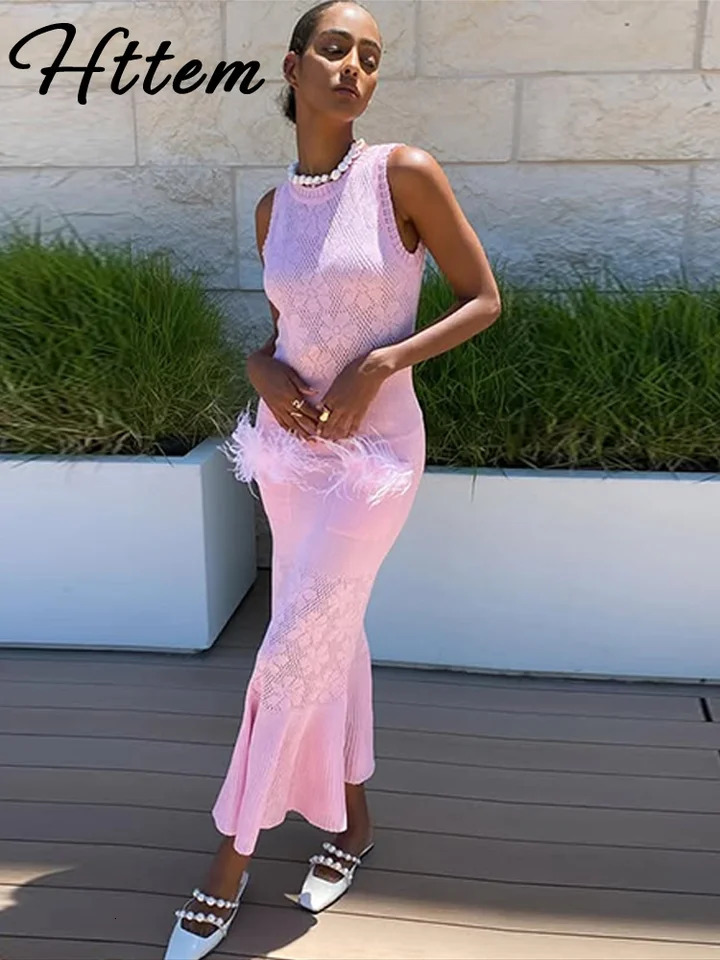 Sexy Knitted Long Sleeve Womens Ultra Thin ONeck Patch Work Clothes Sleeveless Beach Mermaid Dress Summer Party Robe 250409