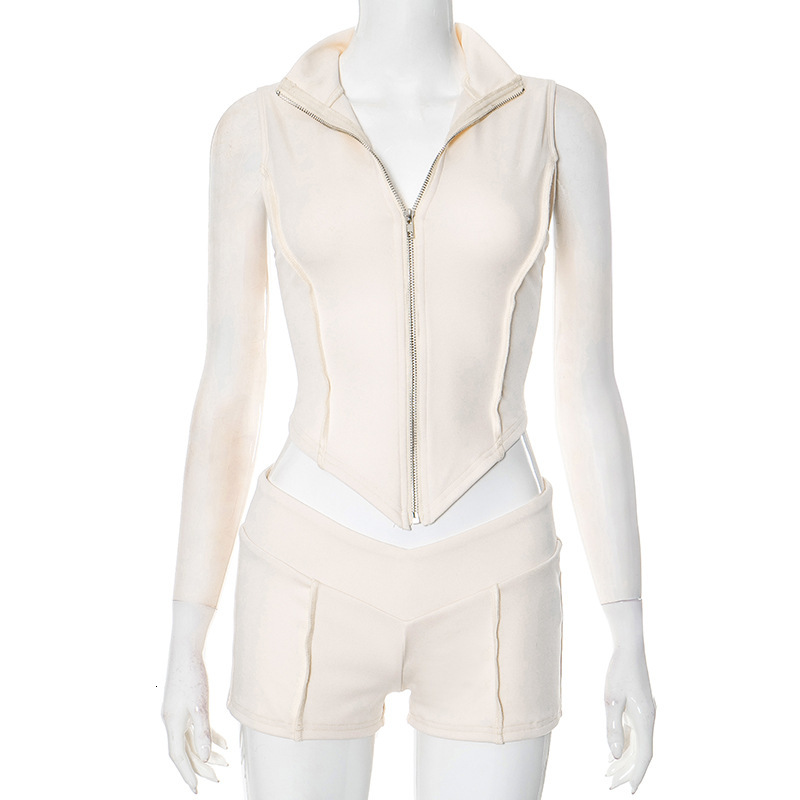 2025S Designer Women S Set Women S Spring And Summer Zipper Lapel Sleeveless Line Casual Sexy Exposed Navel High Waist Close Fitting Shorts Set
