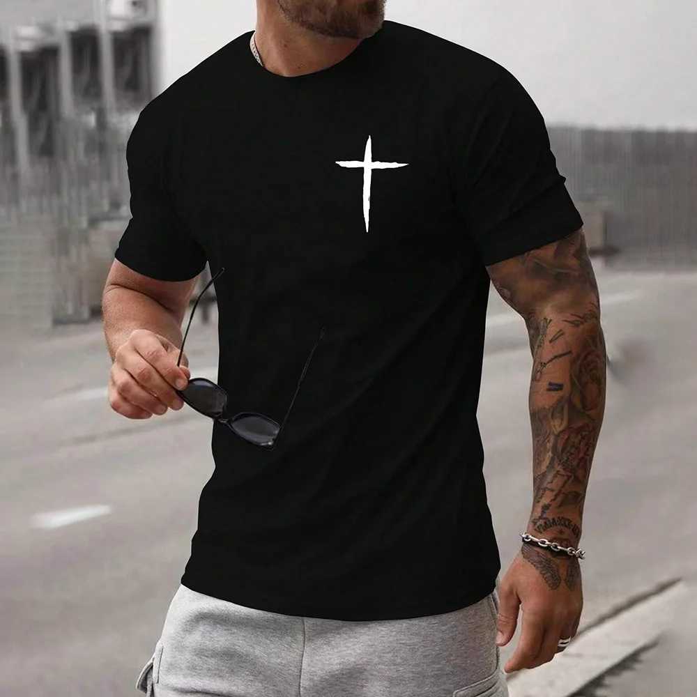 Casual solid color mens cross T-shirt summer crew collar short sleeved clothing 2024 New Street mens muscle T-shirt topXJ250409