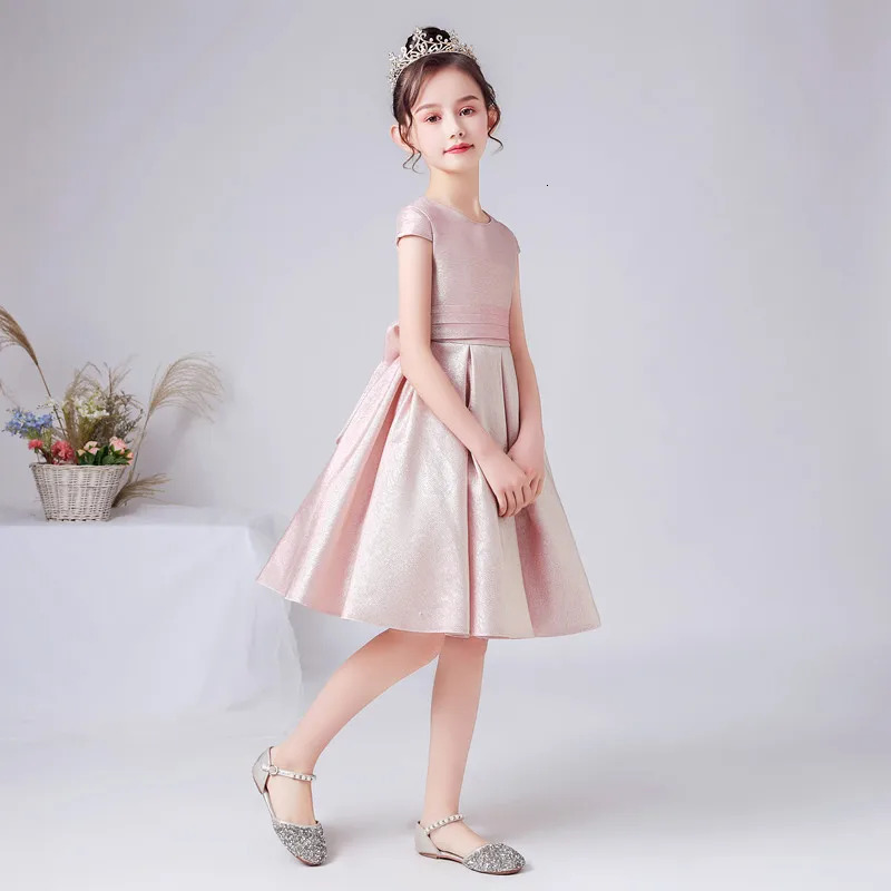 Customized Pink Shiny Satin Flower Girl Dress Short Wedding Birthday Party Dress Girl Princess Formal Peggy Dress Bow 250403