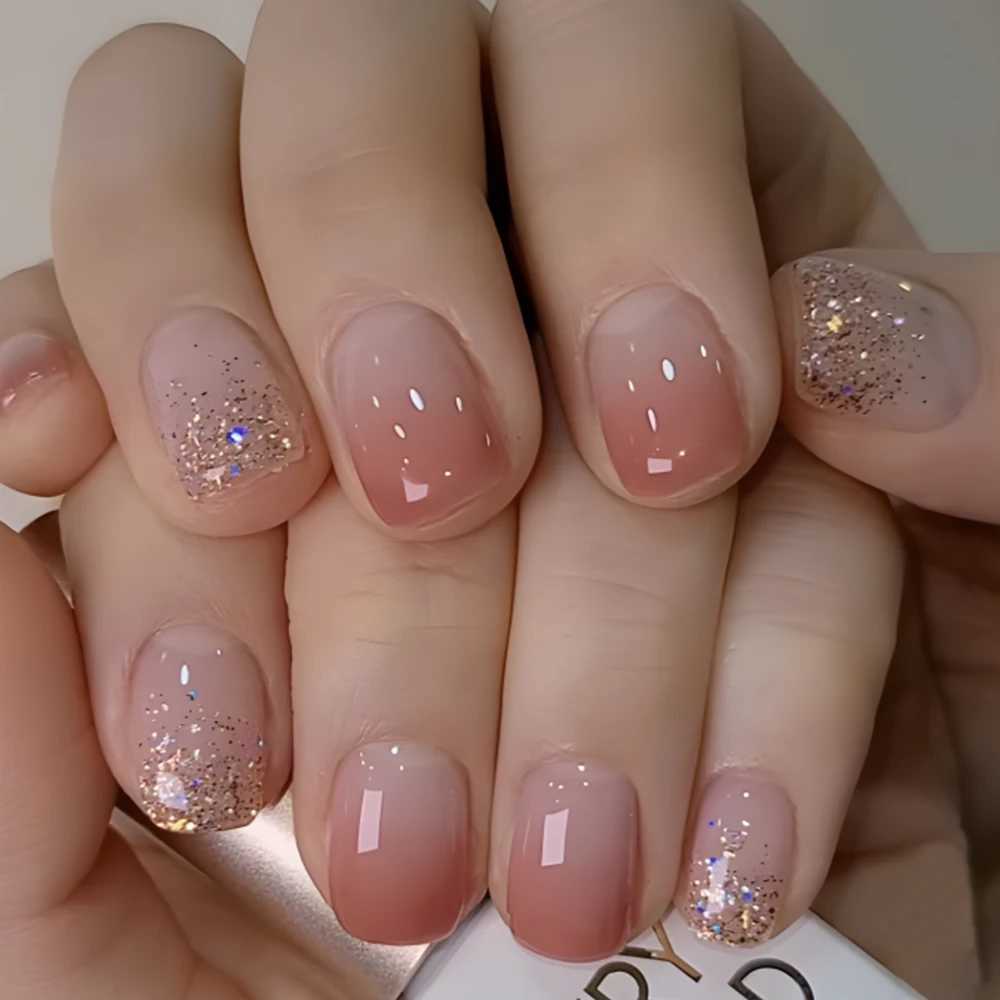 24 pieces of short squeeze nails with pink gradient stripe pattern fake nails with smooth artificial finger manipulation fake nails W250410
