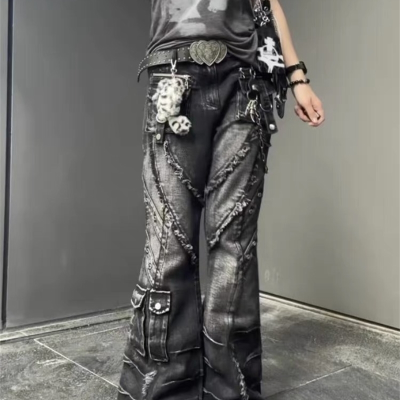 Autumn Winter Womens Denim Pants Dark Academia Cargo Jean Flared Bell Bottom ner Kpop Japanese Y2k 2000s Goblin Core Z260313
