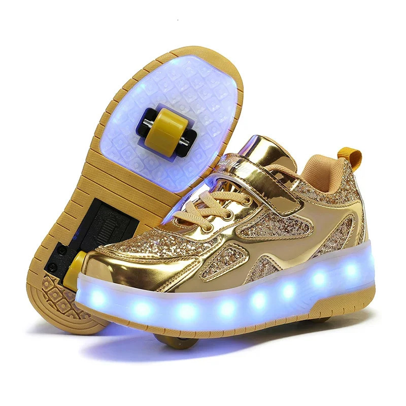 Childrens dual wheel luminous sports shoes pink LED light heel roller skating shoes childrens LED shoes boys USB charging 250403