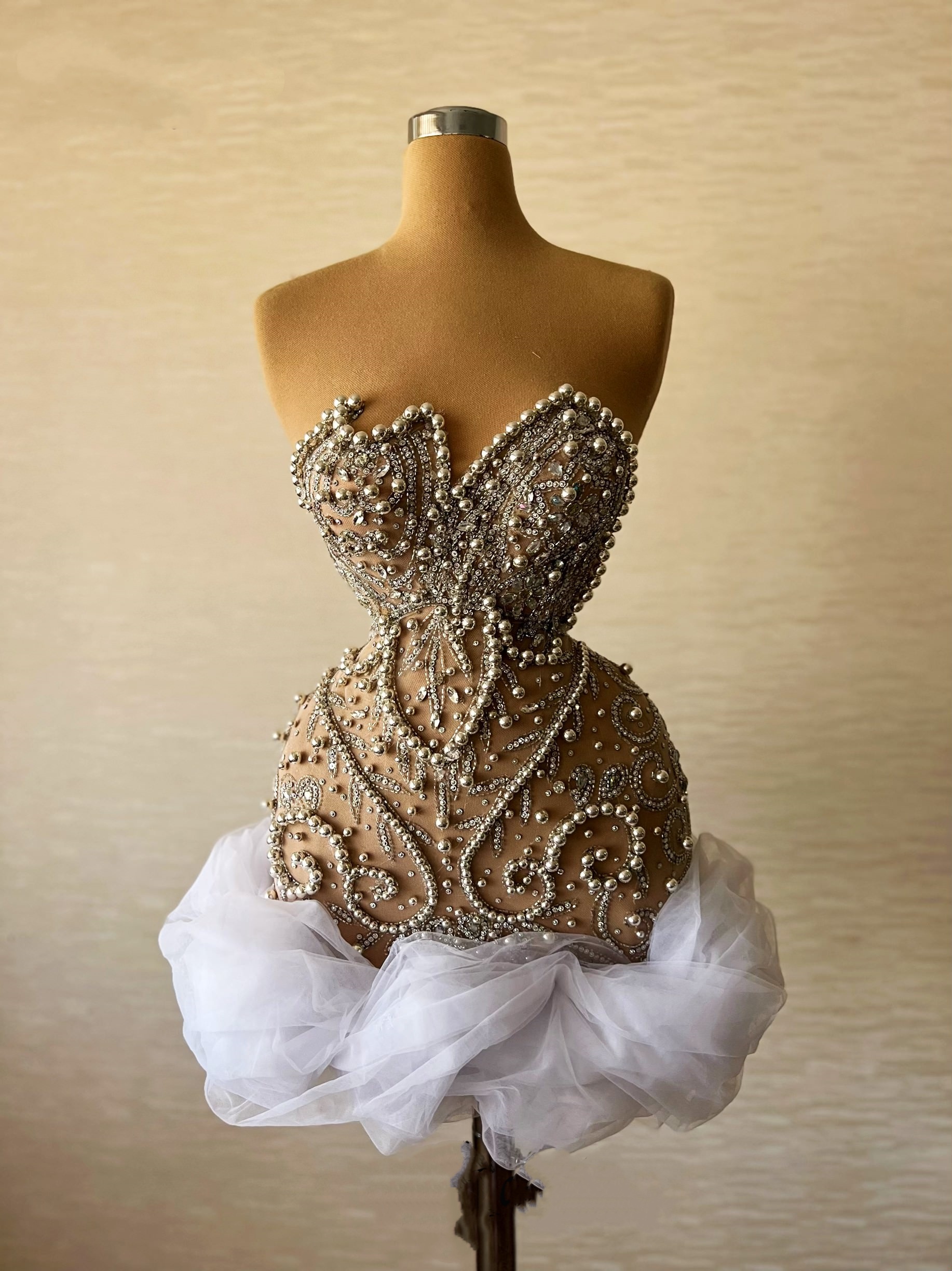 Full Beading Crystal Mini Prom Cocktail Dress Strapless Bakcless Short Ballet Dancer Skirt Heavy Handmade Couture Mini Evening Robes