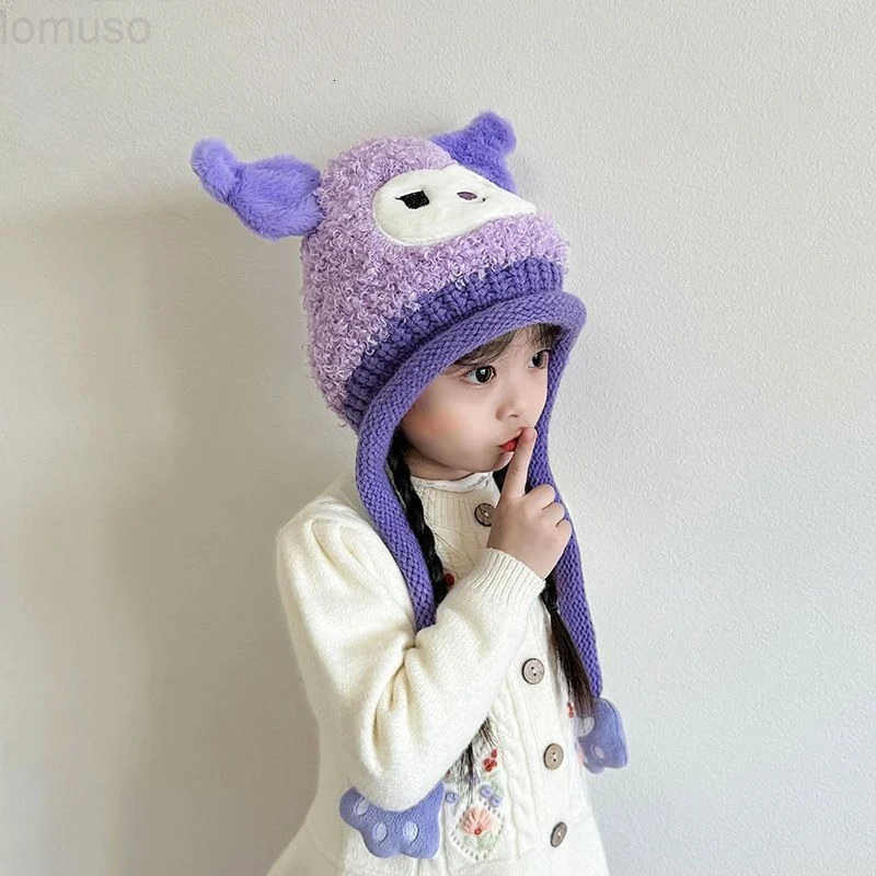 Sanrio kuromi cartoon cute knitted hat creative Kawaii girls winter thickened warm windproof ear protection hat gift wholesale H251110