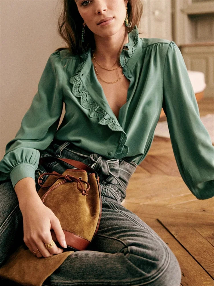 Women Embroidery Lace Trim French Blouse Stand Collar Ladies Single-Breasted Shirt and Tops 250409