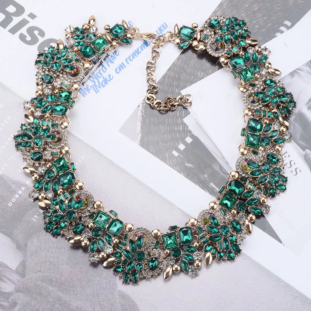 2025 Fashion Green Crystal Rhinestone Large Collar Big Choker Necklace Women Statement Indian Necklace Wedding Jewelry 250409