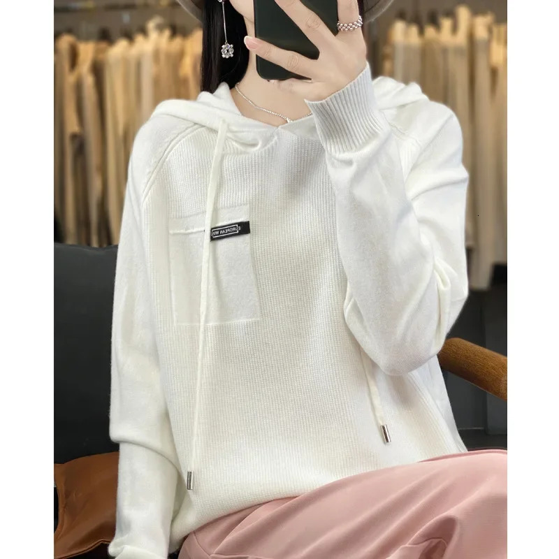 Womens Autumn Winter Knitted Hat Sweater Loose Solid Color Long Sleeve Base Shirt Outwear Casual Comfortable Hoodie 251106