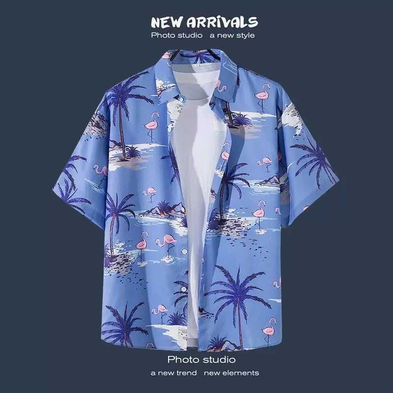 Mens short sleeved Hawaiian retro style beach shirt jacket with floral pattern suitable for vacation X250410