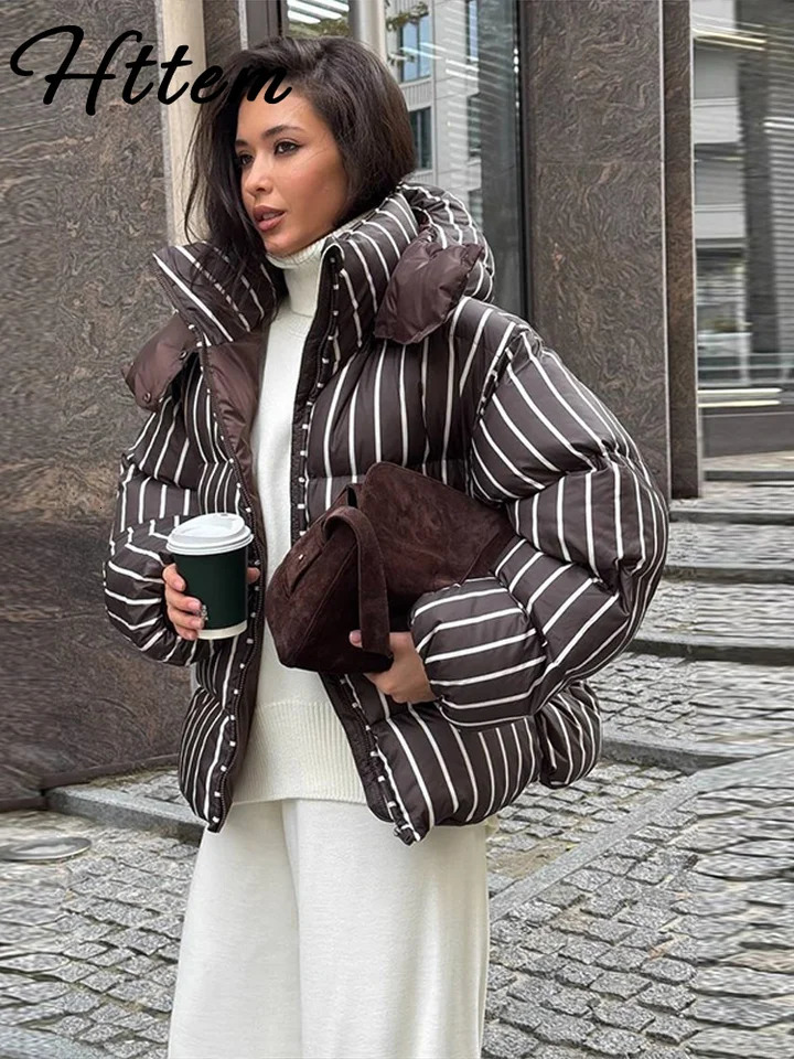 Casual Stripe Womens Padded Jacket Fashion Hooded Zipper Warm Thicken Lady Coats 2025 Autumn Winter Female Street Outwear 251107