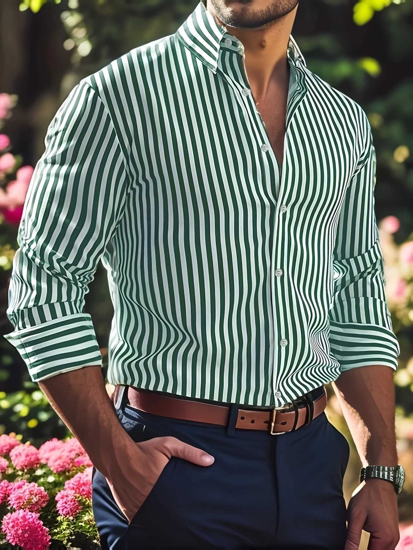 MenS Casual Regular Fit Striped Long Sleeve Solid Color Polyester Button Lapel Shirt 6 ColorsWovenNon-Stretch Fabric K251110