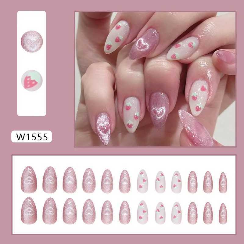 24 almond embossed pink cat eye nails with heart and strawberry design - smooth acrylic stick suitable for women and girls W250410