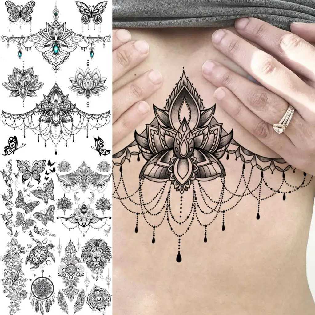 Lotus Henna Mandala chest temporary tattoo womens underwear adult butterfly turtle lion fake tattoo sexy waterproof tattoo W250410