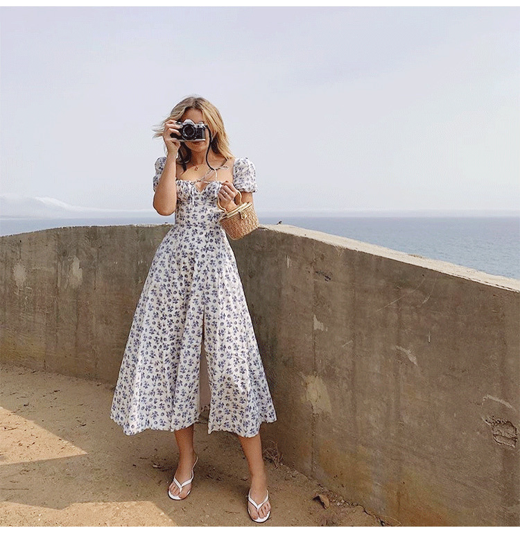 2025 New Fashion Bubble Sleeve Fragmented Flower Lace up High Split Long Women's Dress Summer