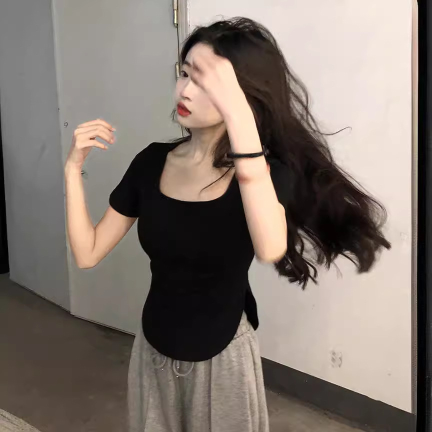 2025S Designer Women S T Shirt Summer New Pure Desire Style Big U Neck Spicy Girl Top Slim Fit Irregular Short Sleeve T Shirt Women S Instagram